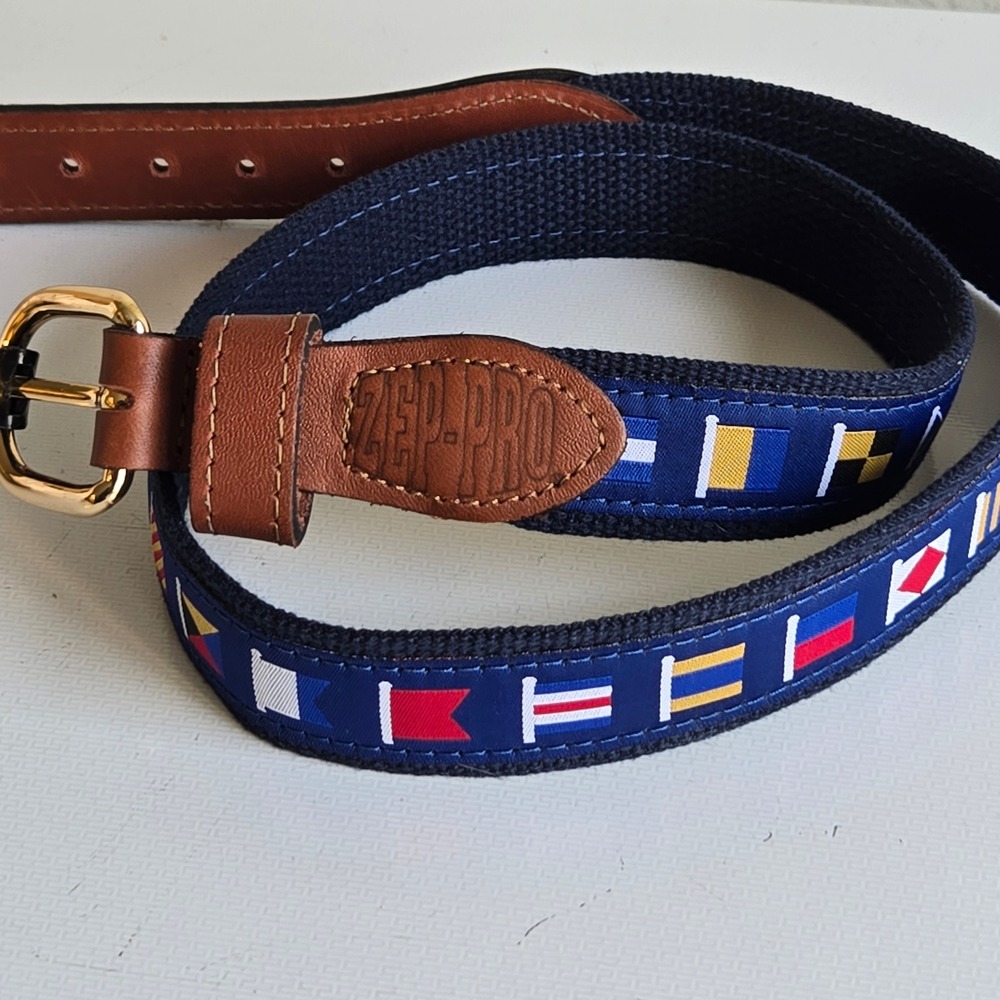 Zep-Pro Mens Nautical Signal Flag Belt Navy Blue Leather Brass Made in USA 34